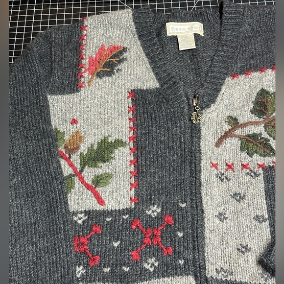 Studio Works Charcoal Cardigan with Festive Fall Autumn Embroidery Motifs Sm B11 - Picture 9 of 9